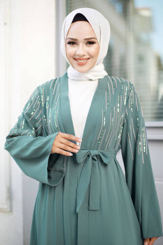 Pullu Tesettür Abaya TSD240722 Mint Yeşili - 2