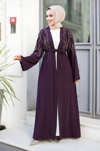 Pullu Tesettür Abaya TSD240722 Mürdüm - 3