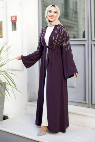 Pullu Tesettür Abaya TSD240722 Mürdüm - 4