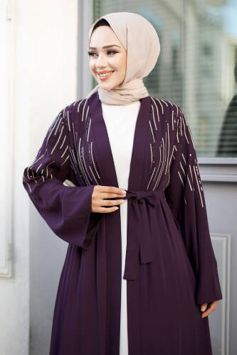 Pullu Tesettür Abaya TSD240722 Mürdüm - 2