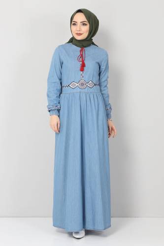 Püskül Detaylı Nakışlı Kot Elbise TSD006151 Açık Mavi - 1
