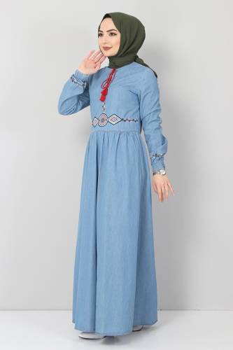Püskül Detaylı Nakışlı Kot Elbise TSD006151 Açık Mavi - 3