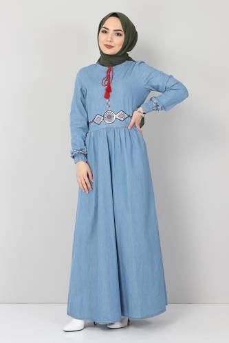 Püskül Detaylı Nakışlı Kot Elbise TSD006151 Açık Mavi - 4
