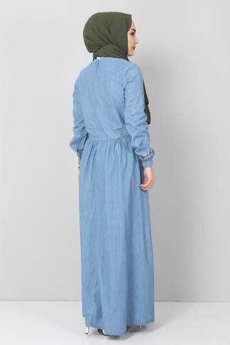 Püskül Detaylı Nakışlı Kot Elbise TSD006151 Açık Mavi - 5