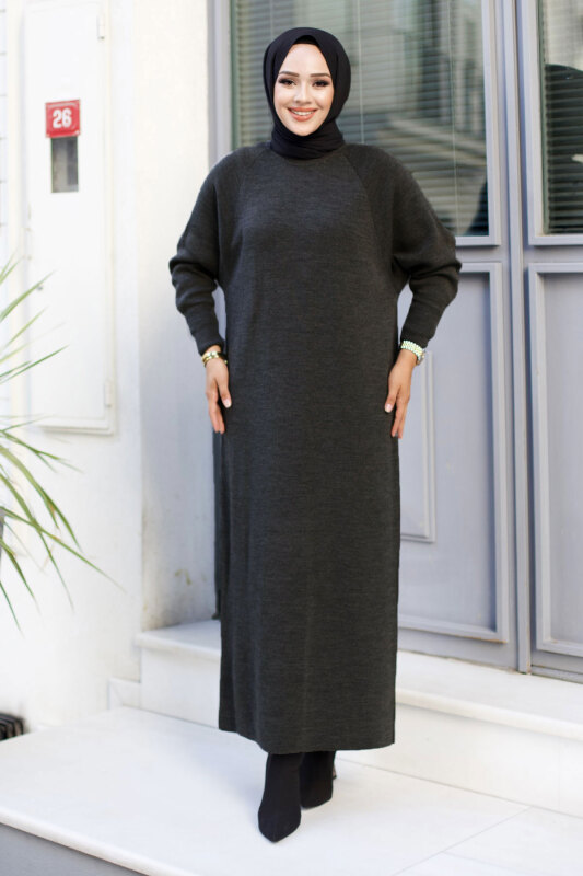 Reglan Kol Triko Elbise TSD240725 Antrasit - Tesettür Dünyası