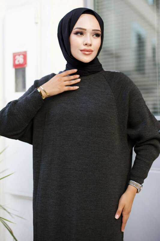 Reglan Kol Triko Elbise TSD240725 Antrasit - Tesettür Dünyası (1)