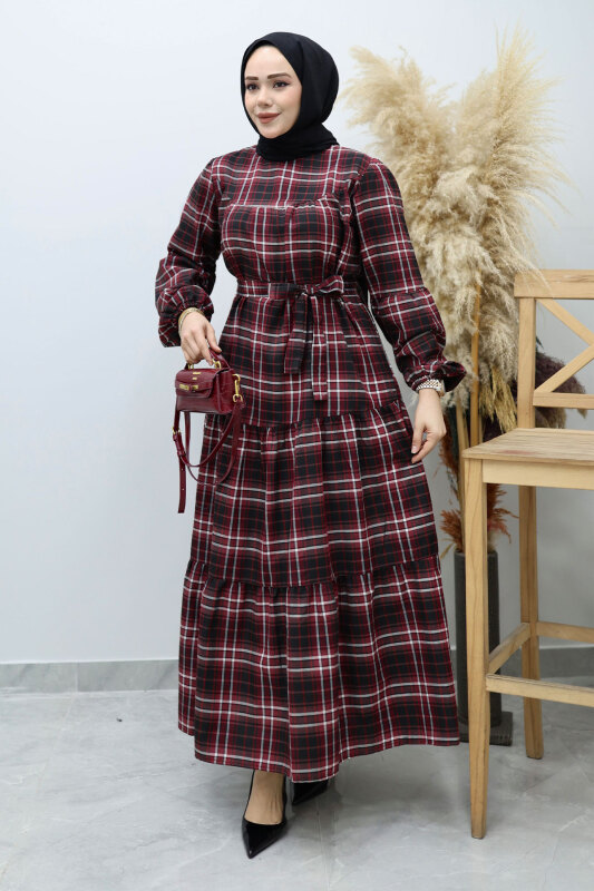 Robalı Ekose Elbise TSD260134 Bordo - Tesettür Dünyası