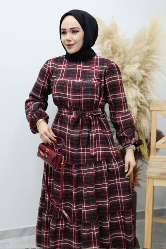 Robalı Ekose Elbise TSD260134 Bordo - 2