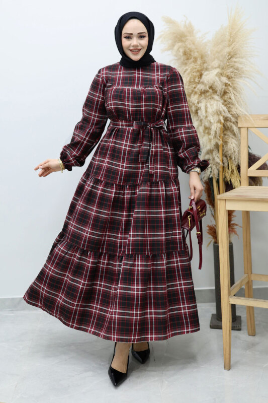 Robalı Ekose Elbise TSD260134 Bordo - 3