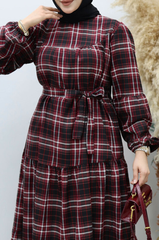 Robalı Ekose Elbise TSD260134 Bordo - 4