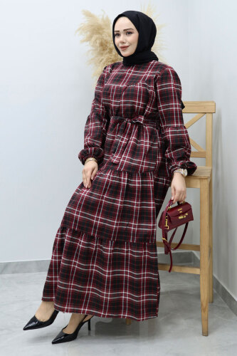 Robalı Ekose Elbise TSD260134 Bordo - 5