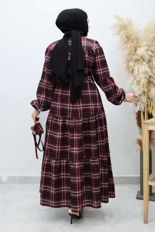 Robalı Ekose Elbise TSD260134 Bordo - 6