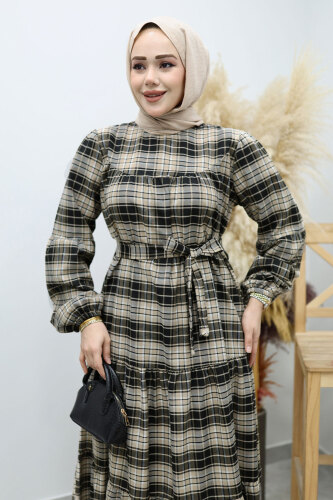 Robalı Ekose Elbise TSD260134 Camel - 2