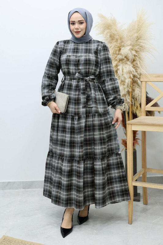 Robalı Ekose Elbise TSD260134 Füme - 3