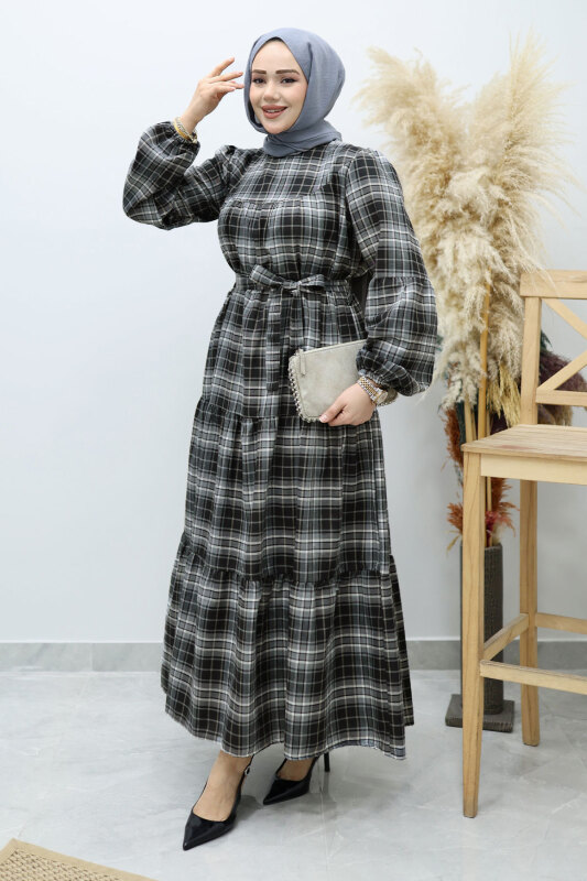 Robalı Ekose Elbise TSD260134 Füme - 5