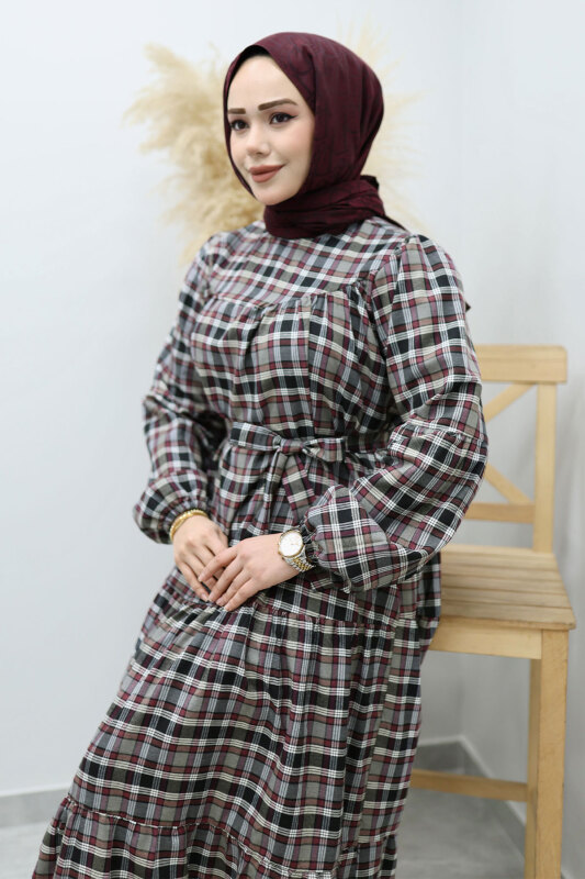 Robalı Ekose Elbise TSD260134 Gri - Tesettür Dünyası (1)