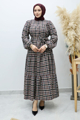 Robalı Ekose Elbise TSD260134 Gri - 3