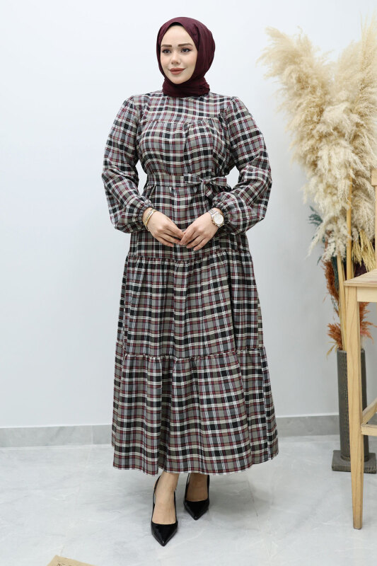 Robalı Ekose Elbise TSD260134 Gri - 3