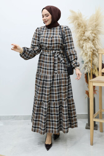 Robalı Ekose Elbise TSD260134 Kahverengi 