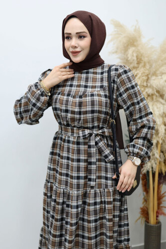 Robalı Ekose Elbise TSD260134 Kahverengi - 2