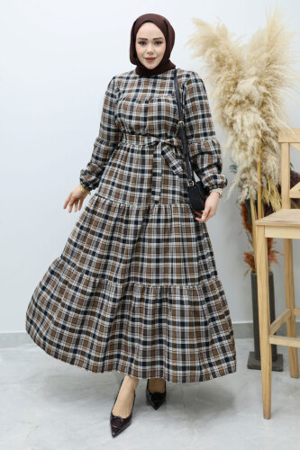 Robalı Ekose Elbise TSD260134 Kahverengi - 3