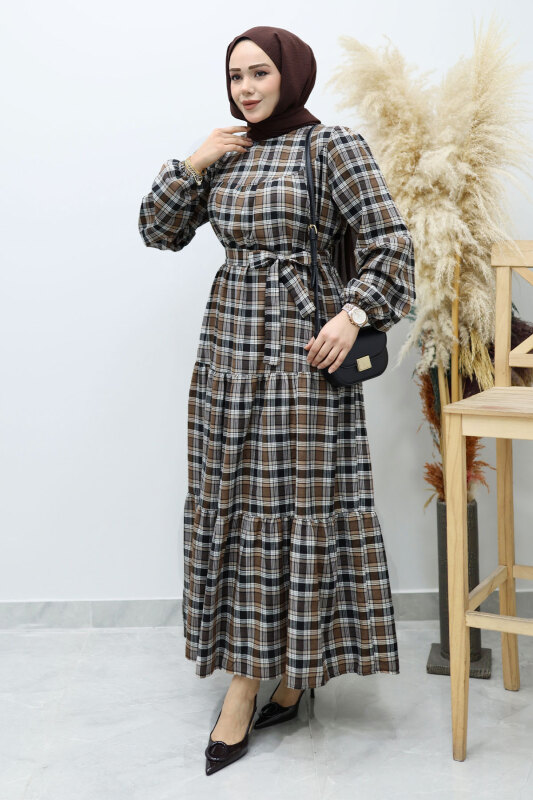 Robalı Ekose Elbise TSD260134 Kahverengi - 5