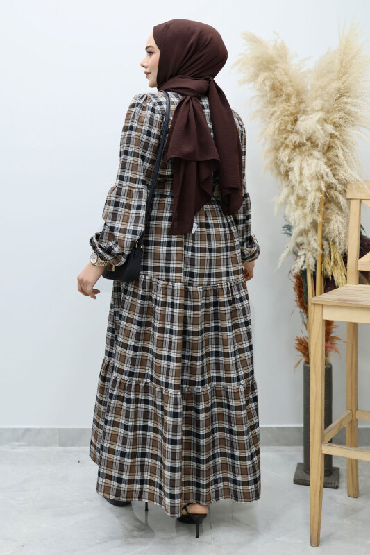 Robalı Ekose Elbise TSD260134 Kahverengi - 6