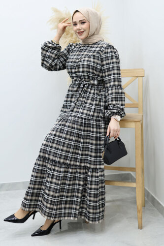 Robalı Ekose Elbise TSD260134 Sütlü kahve 