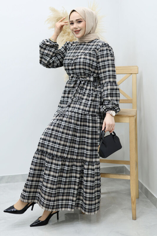 Robalı Ekose Elbise TSD260134 Sütlü kahve - Tesettür Dünyası