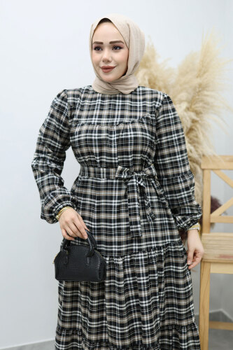 Robalı Ekose Elbise TSD260134 Sütlü kahve - 2