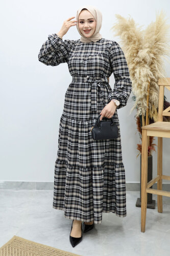 Robalı Ekose Elbise TSD260134 Sütlü kahve - 3