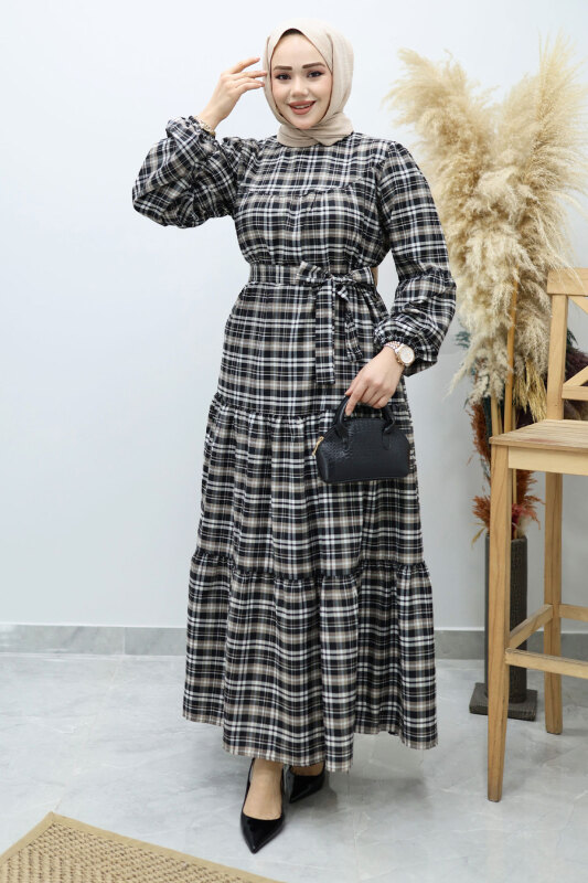 Robalı Ekose Elbise TSD260134 Sütlü kahve - 3