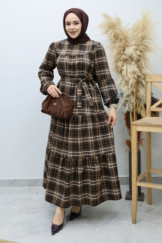 Robalı Ekose Elbise TSD260134 Taba - Tesettür Dünyası