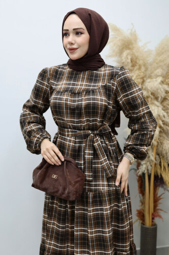 Robalı Ekose Elbise TSD260134 Taba - 2