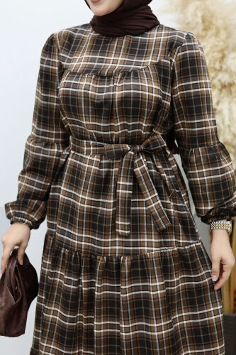 Robalı Ekose Elbise TSD260134 Taba - 4