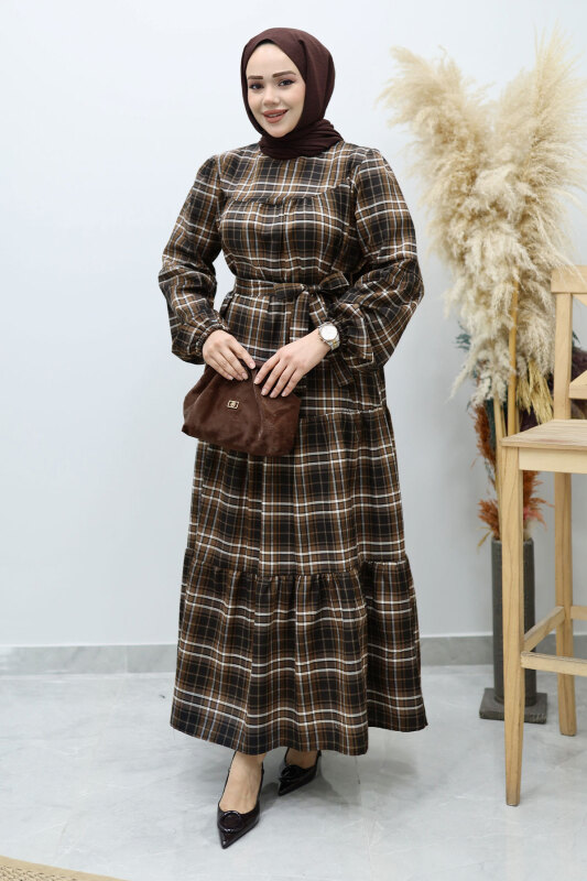 Robalı Ekose Elbise TSD260134 Taba - 5