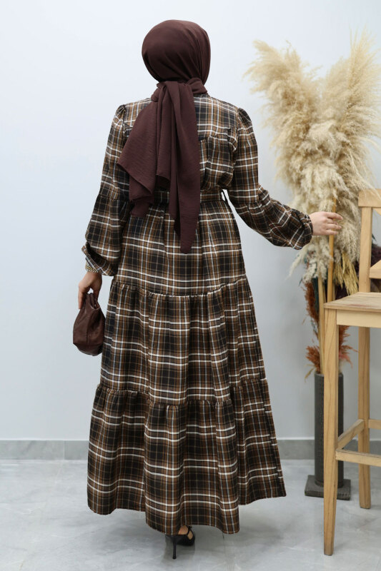 Robalı Ekose Elbise TSD260134 Taba - 6