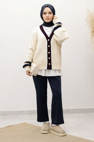 Saç Örgü Desenli Triko Hırka TSD250255 Bej - 2