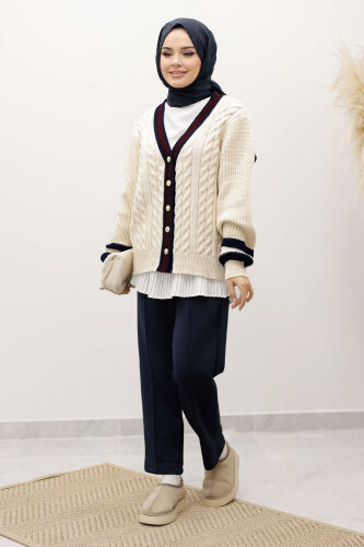 Saç Örgü Desenli Triko Hırka TSD250255 Bej - 3