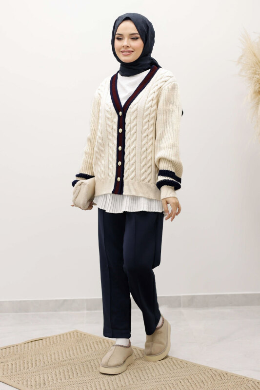 Saç Örgü Desenli Triko Hırka TSD250255 Bej - 3