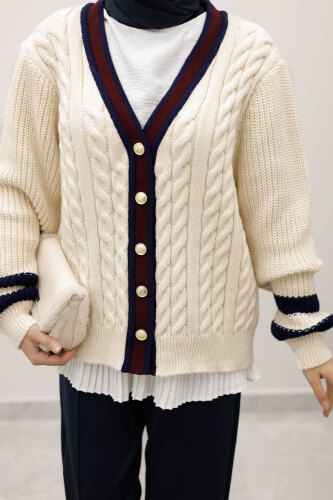 Saç Örgü Desenli Triko Hırka TSD250255 Bej - 4