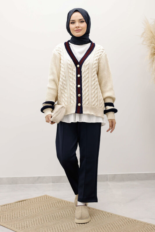 Saç Örgü Desenli Triko Hırka TSD250255 Bej - 5