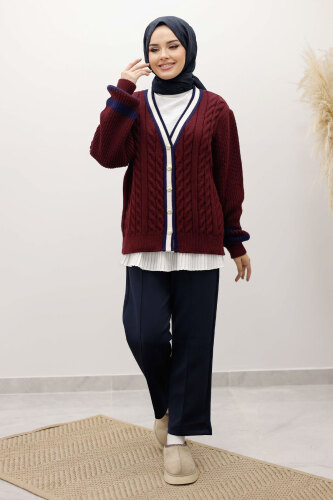 Saç Örgü Desenli Triko Hırka TSD250255 Bordo - 2