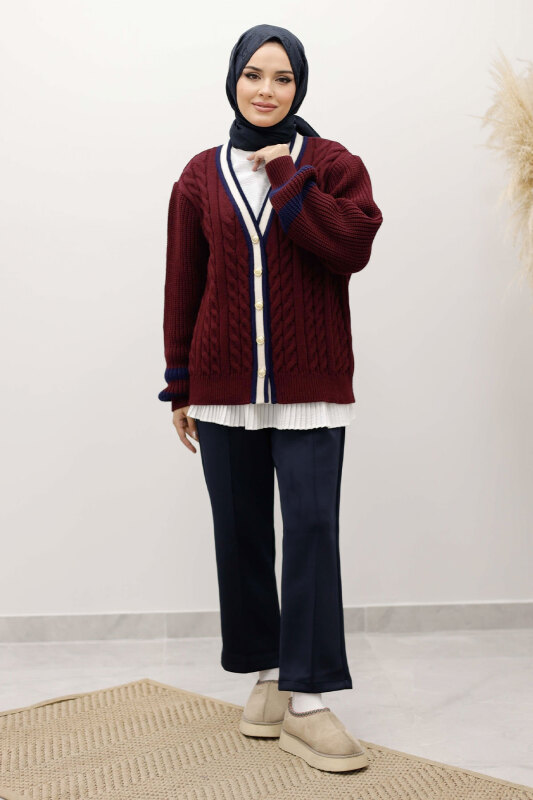 Saç Örgü Desenli Triko Hırka TSD250255 Bordo - 3