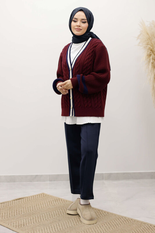 Saç Örgü Desenli Triko Hırka TSD250255 Bordo - 5