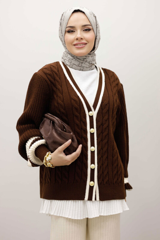 Saç Örgü Desenli Triko Hırka TSD250255 Kahverengi - TESETTÜR DÜNYASI