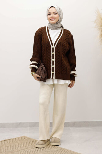 Saç Örgü Desenli Triko Hırka TSD250255 Kahverengi - 2