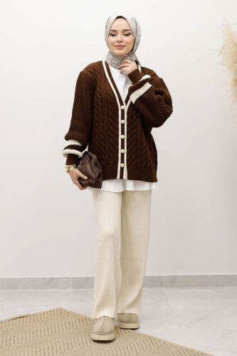 Saç Örgü Desenli Triko Hırka TSD250255 Kahverengi - 3