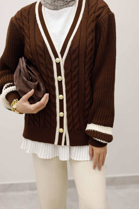 Saç Örgü Desenli Triko Hırka TSD250255 Kahverengi - 4