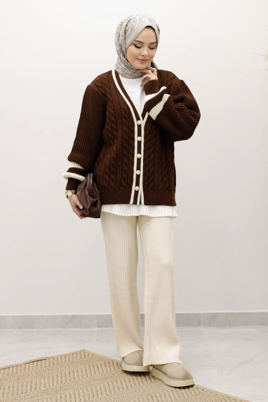 Saç Örgü Desenli Triko Hırka TSD250255 Kahverengi - 5